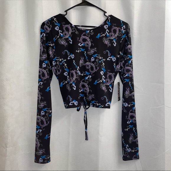 Faded Rose Tops - Dragon Print Long Sleeve Cut Out Back Top